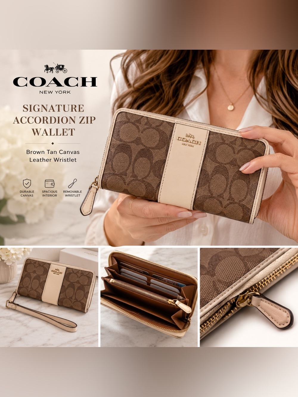Coach Signature Accordion Zip Wallet Brown Tan Canvas Leather Wristlet